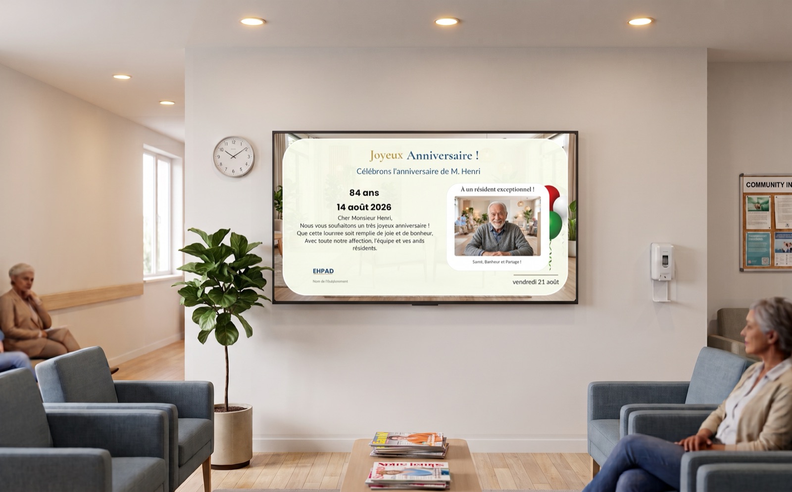Téléviseur mural diffusant une annonce d'anniversaire dans le salon d'une résidence