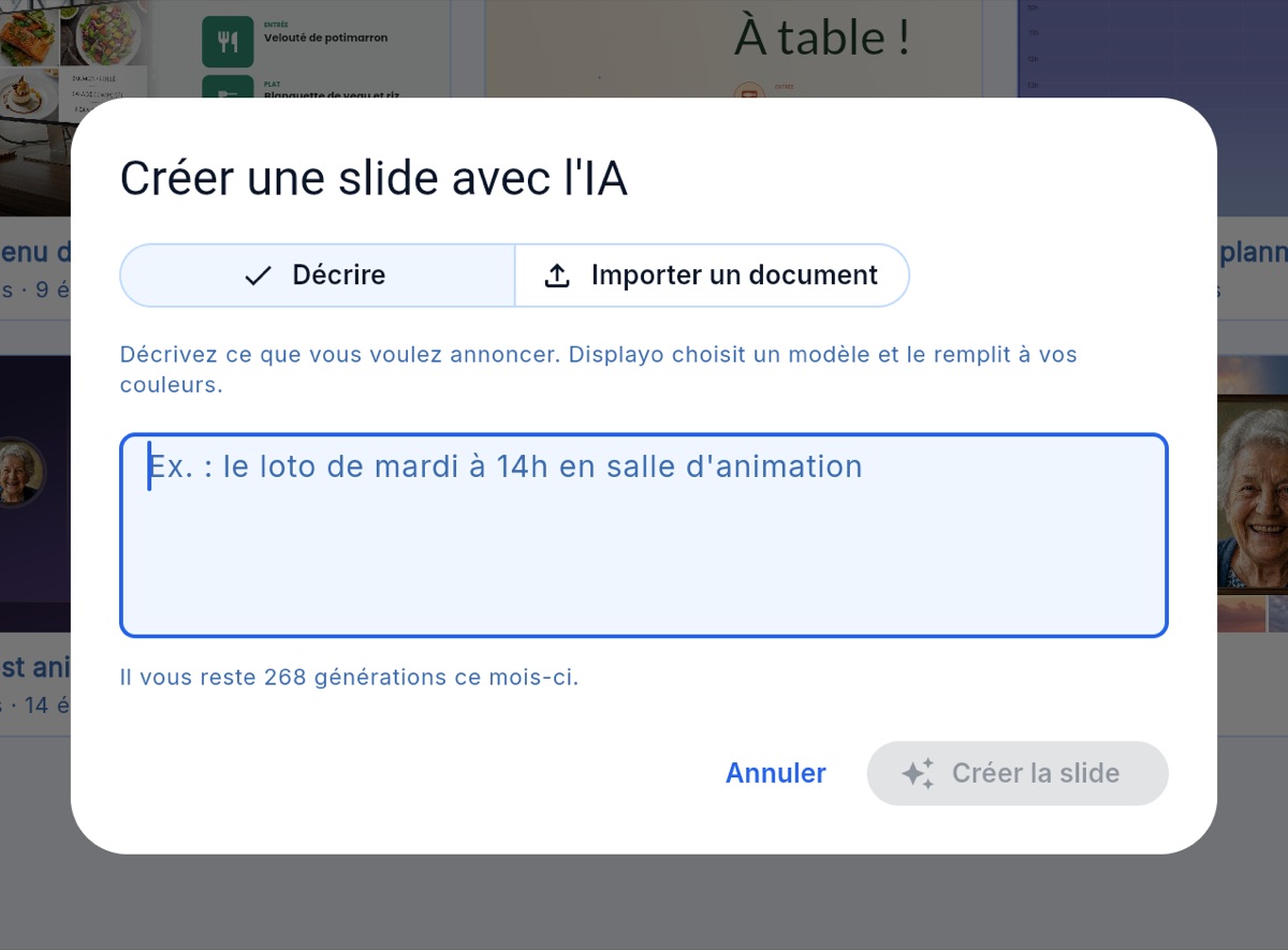 La fenêtre « Créer une slide avec l'IA » du Studio : les onglets Décrire et Importer un document, le champ de saisie et le nombre de générations restantes