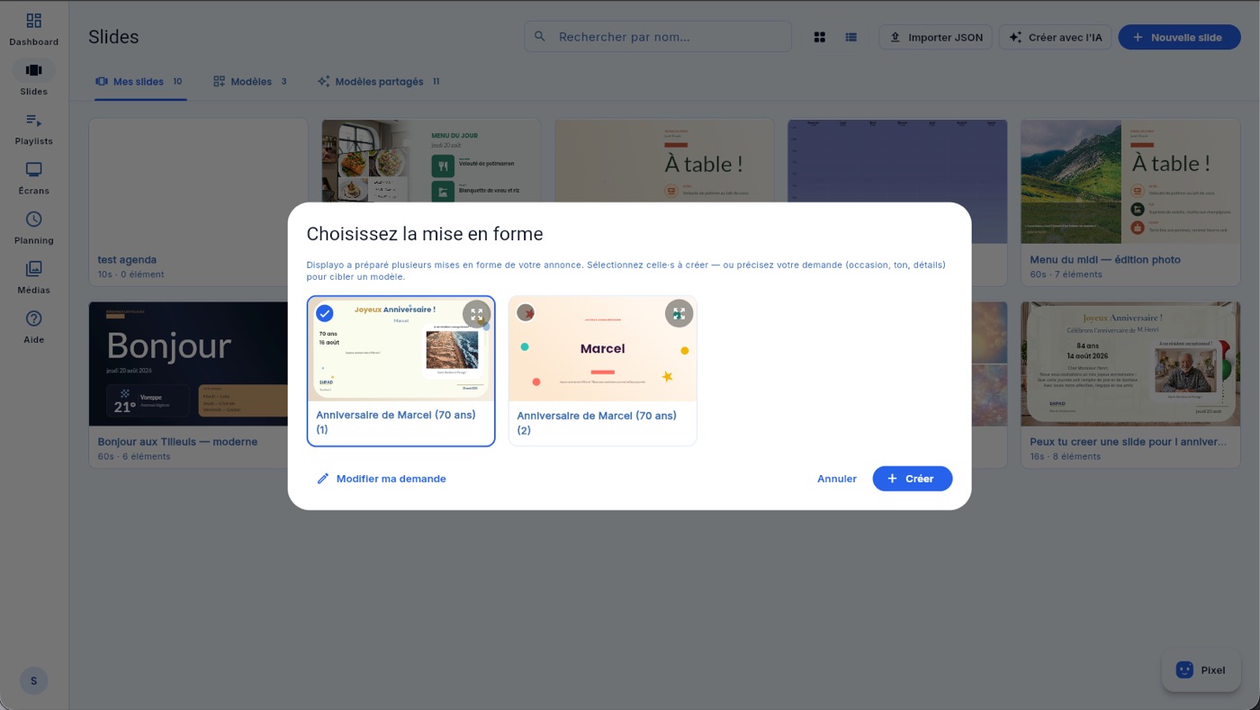 La fenêtre « Choisissez la mise en forme » : deux mises en page proposées pour la même annonce d'anniversaire