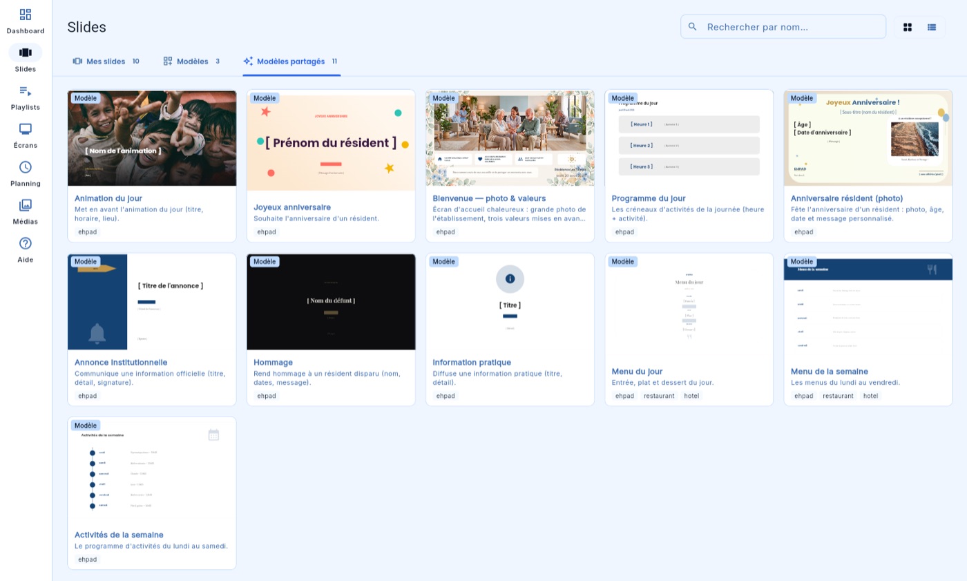 La bibliothèque de modèles du Studio : onglets Mes slides, Modèles et Modèles partagés, et onze modèles prêts à l'emploi