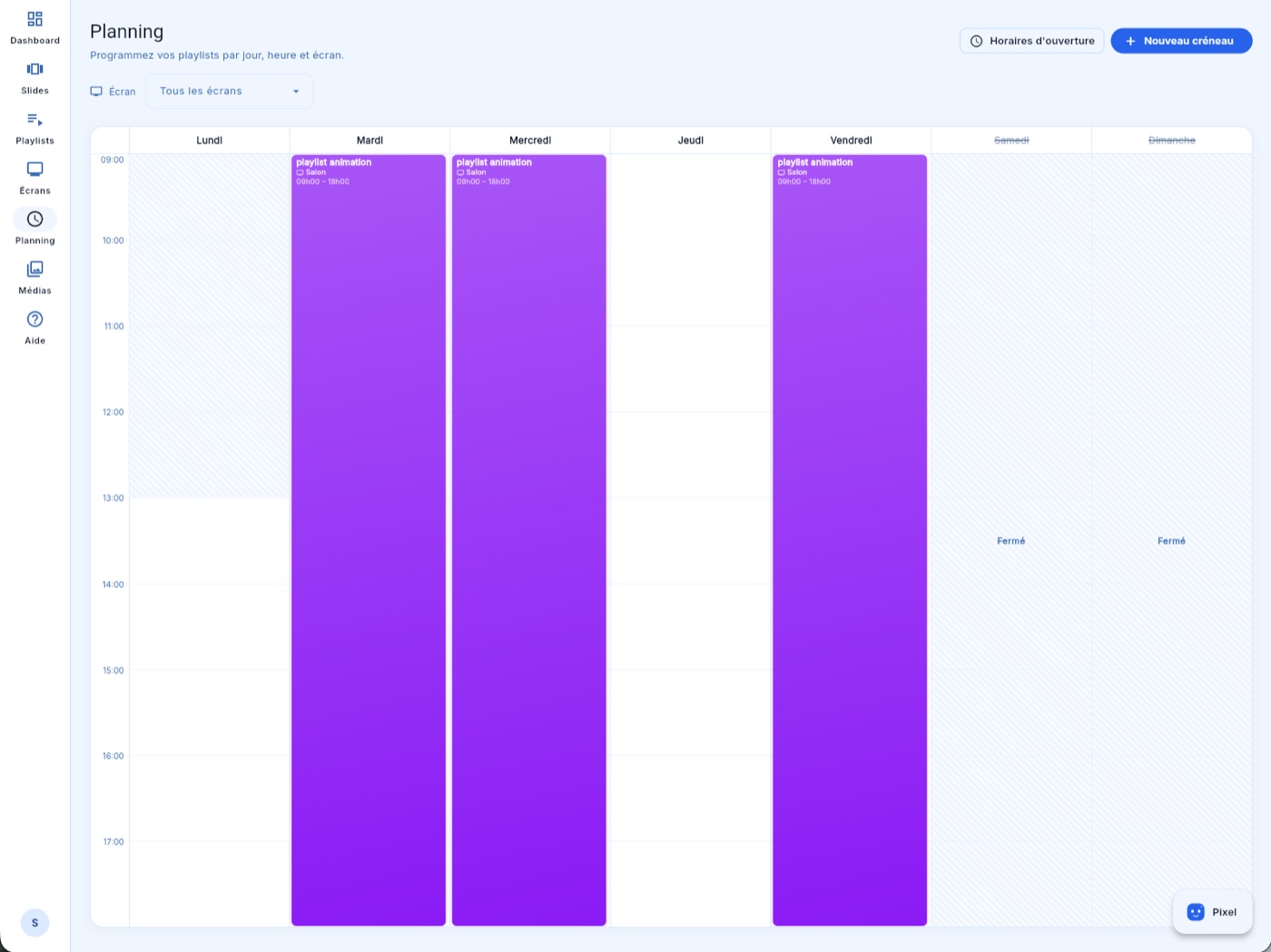 La page Planning du Studio : la semaine du lundi au dimanche, avec la playlist animation programmée de 9h à 18h les mardi, mercredi et vendredi